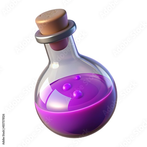 A glowing potion in a transparent flask shimmering with mystical essence Violet liquid isolated on white background