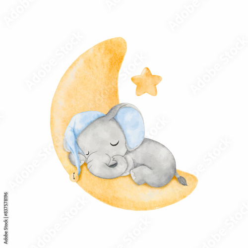 Watercolor baby elephant sleeping on the moon. African baby animal for baby shower boy, nursery decorations, birthday invitations vector