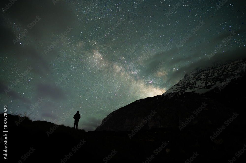 Fototapeta premium Stargazing Human in Universe, a boy under milky way, Himalayas, Stars, mountain, snow, Lahaul, Himachal Pradesh, India,