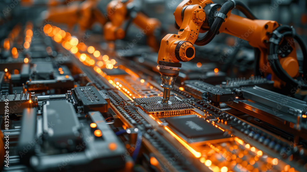 High-precision robot arms automate PCB assembly in modern electronics factory.generative ai High-precision robot arms automate PCB assembly in modern electronics factory.generative ai