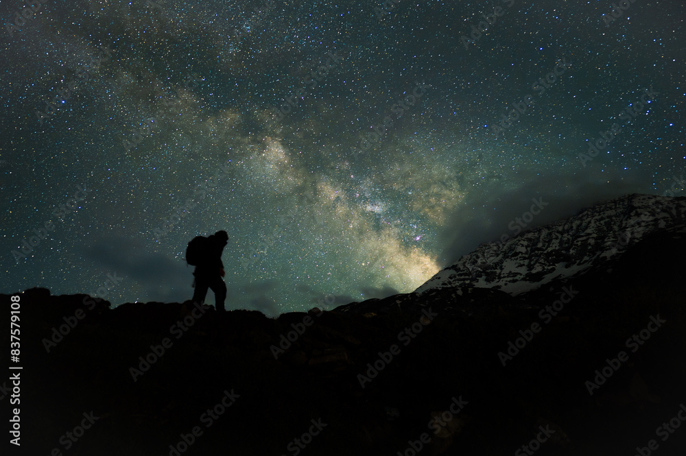 Fototapeta premium Stargazing Human in Universe, a boy under milky way, Himalayas, Stars, mountain, snow, Lahaul, Himachal Pradesh, India, 