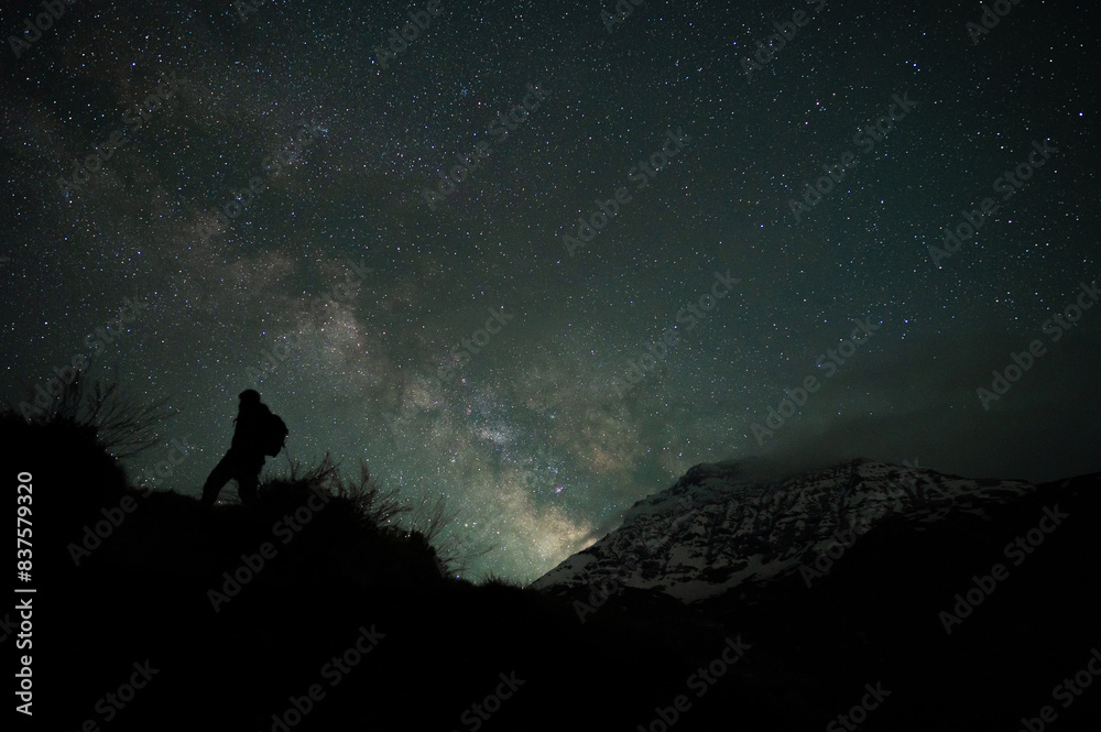 Fototapeta premium Stargazing Human in Universe, a boy under milky way, Himalayas, Stars, mountain, snow, Lahaul, Himachal Pradesh, India, 