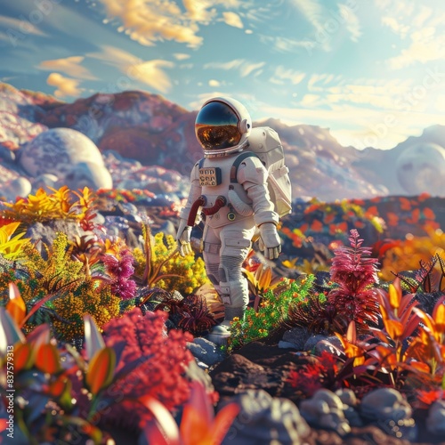 Astronaut Exploring Alien Planet with Vibrant Flora