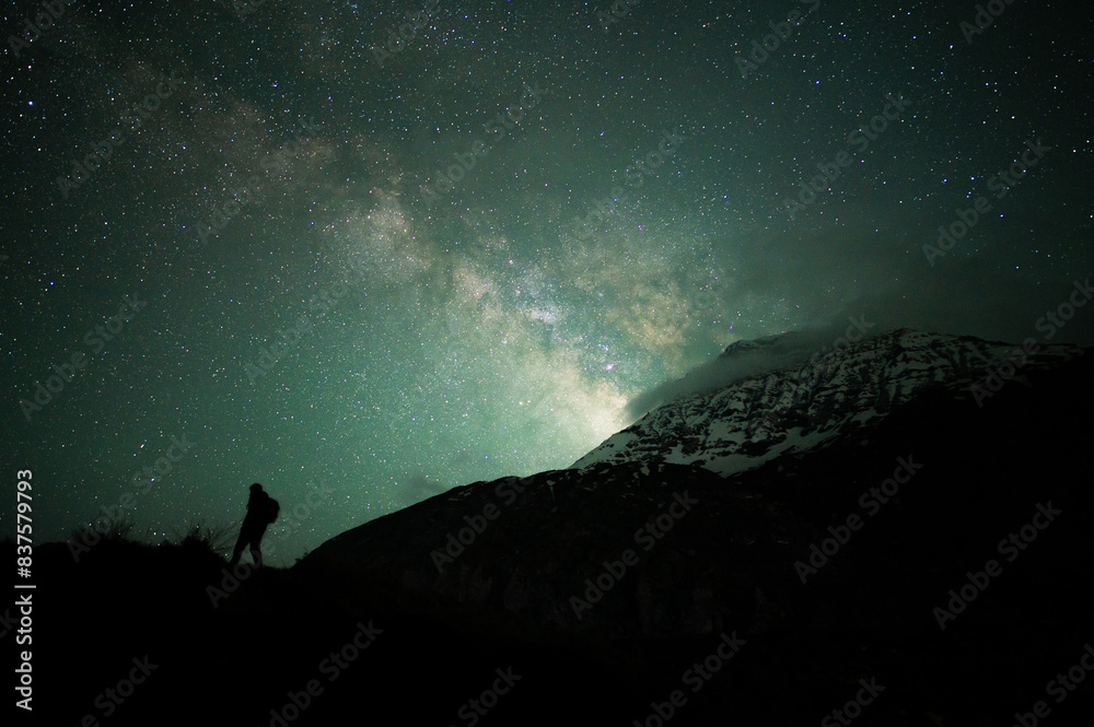 Fototapeta premium Stargazing Human in Universe, a boy under milky way, Himalayas, Stars, mountain, snow, Lahaul, Himachal Pradesh, India, 