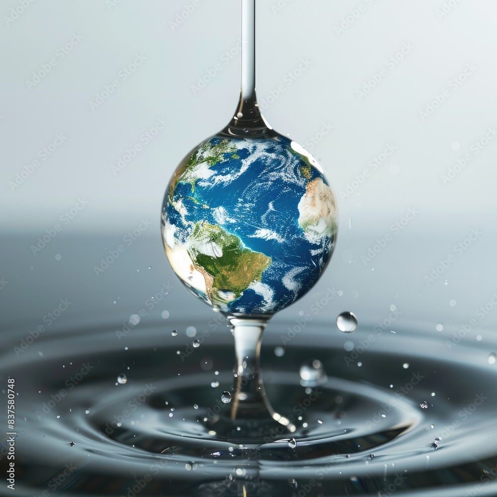 The concept of World Water Day with the image of the world in the form of a drop of clean water and fresh blue ripples on the water, the concept of environmental conservation.
