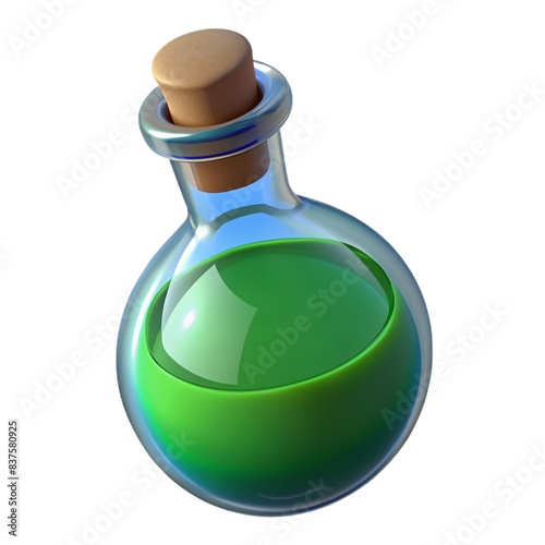 Green liquid fills the glass bottle, rendering a vibrant hue Potion bottle.  Blue potion swirls inside the potion bottle, creating an enchanting 3d render Potion bottle isolated on white background