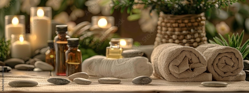 Spa Relaxation with Towels, Stones, and Essential Oils