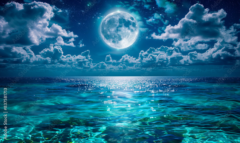Fototapeta premium Beautiful fantasy tropical ocean beach with stars, full moon, clouds in a night sky. Turquoise shimmering water romantic ocean view for summer beach travel 