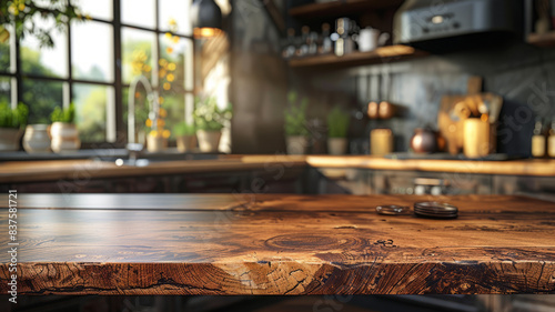 Wood table top on blurred kitchen background. can be used mock up for montage products display or design layout.generative ai