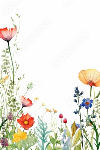 wildflower themed frame or border for photos and text. featuring a mix of colorful blooms and greenery.  white color background.