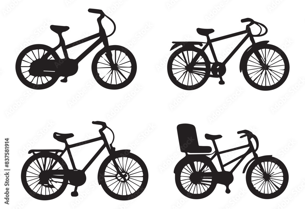 Obraz premium A collection of silhouetted bicycles on an isolated white background in a vector art image.