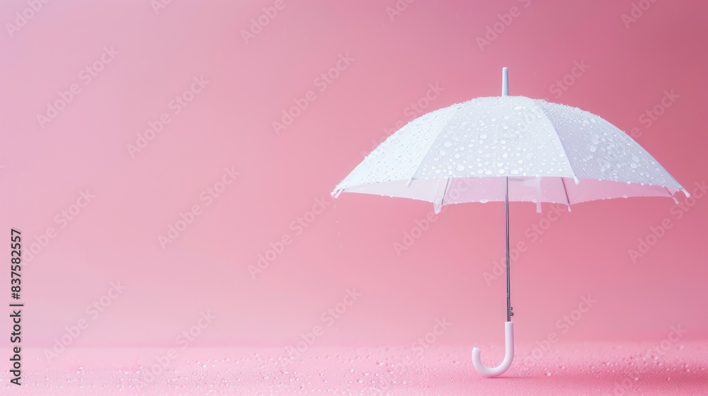 A plain white umbrella spreads under the falling rain on a pink background.