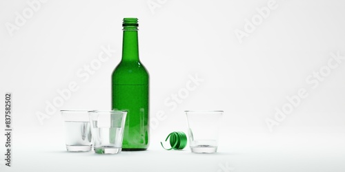 3d render of isolated korean soju bottles and glasses alcohoc beverage photo