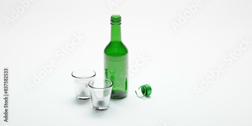 3d render of isolated korean soju bottles and glasses alcohoc beverage