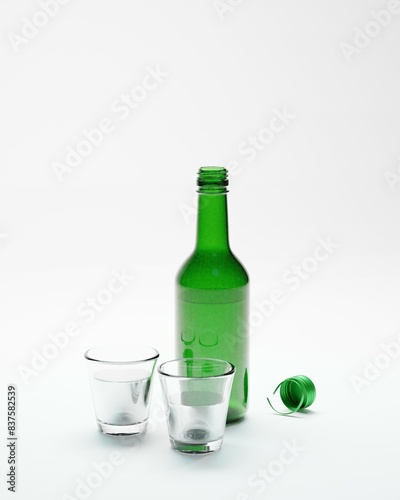 3d render of isolated korean soju bottles and glasses alcohoc beverage