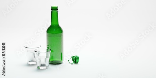 3d render of isolated korean soju bottles and glasses alcohoc beverage