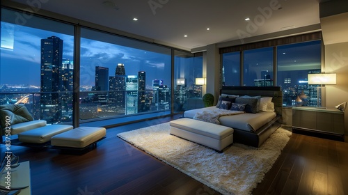 An elegant  modern bedroom with designer furniture  soft lighting  and a balcony offering stunning views of a sparkling city at night.