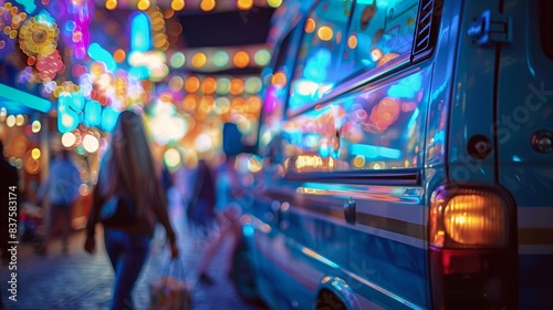 Service van in a blur, festival crowd with bokeh lights, event booklet details, fastpaced party scene 8K , high-resolution, ultra HD,up32K HD photo