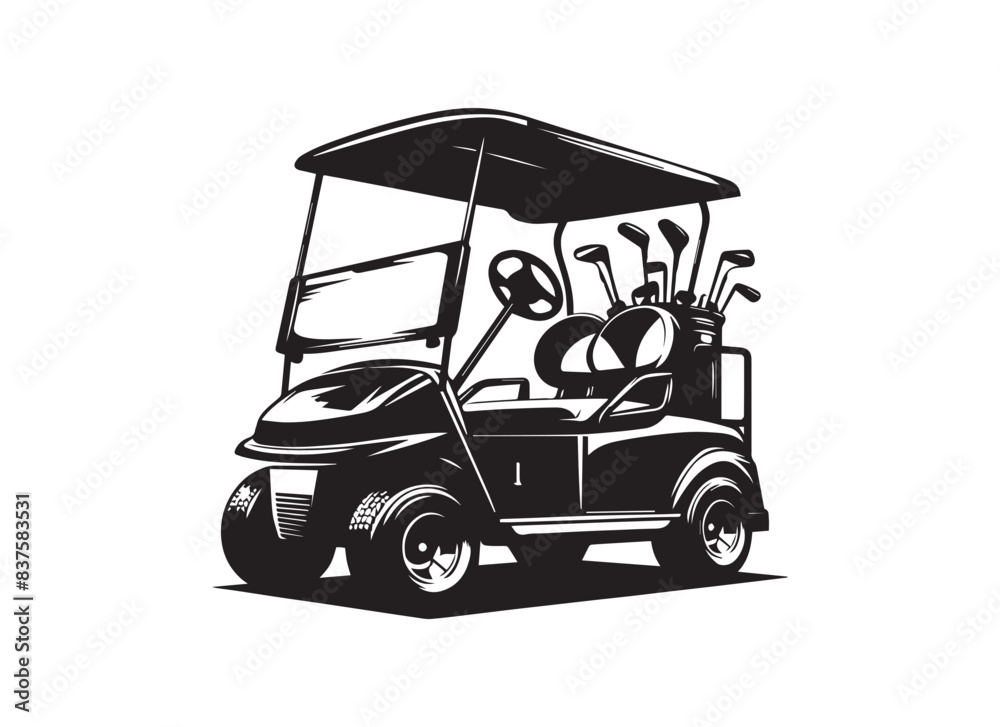 Fototapeta premium Golf cart vector silhouette in black on a white background.