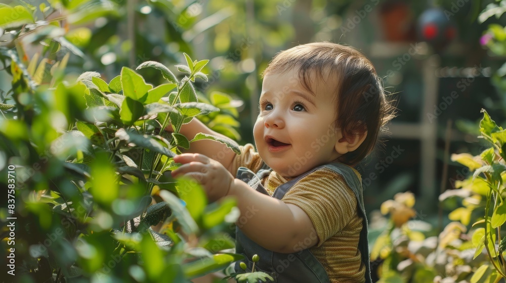 Happy mixed race baby exploring outdoor garden, touching plants with curiosity Happy mixed race baby exploring outdoor garden, touching plants with curiosity