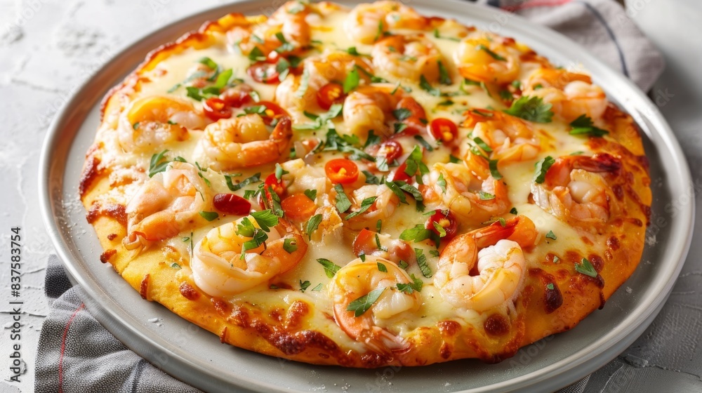 Mouth-watering shrimp pizza on a plate, featuring melted cheese and vibrant toppings, ideal for restaurant and gourmet design Mouth-watering shrimp pizza on a plate, featuring melted cheese and vibrant toppings, ideal for restaurant and gourmet design