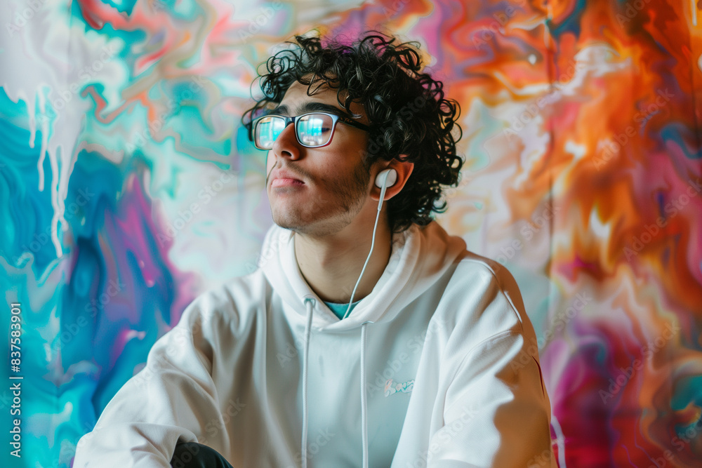 Young Man with Curly Hair and Glasses Against Colorful Abstract Background.