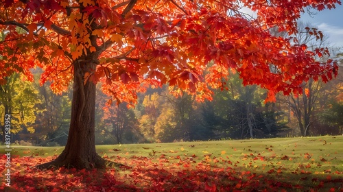 Maple tree with vibrant red leaves during autumn  creating a breathtaking panorama and transforming the forest into a colorful landscape.