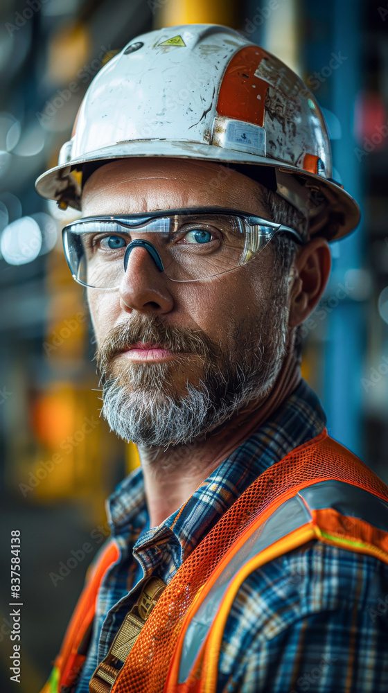 the worker's face and safety gear, capturing the details of his expression, hard hat, and safety vest the worker's face and safety gear, capturing the details of his expression, hard hat, and safety vest