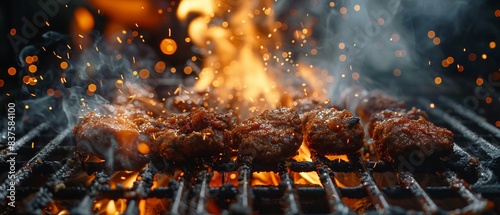 Juicy BBQ at an American festive party, flames dancing in the fire, smoky celebration 8K , high-resolution, ultra HD,up32K HD