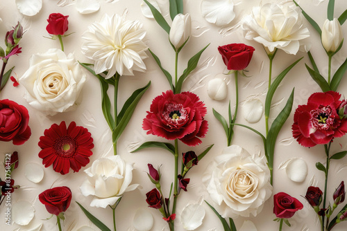 Romantic red and white flowers on a cream background