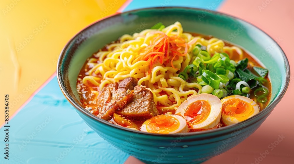 Vibrant Neon Ramen Bowl A vibrant neon ramen bowl on a colorful background, highlighting the artistry of food photography and the appeal of a delicious dish Vibrant Neon Ramen Bowl A vibrant neon ramen bowl on a colorful background, highlighting the artistry of food photography and the appeal of a delicious dish