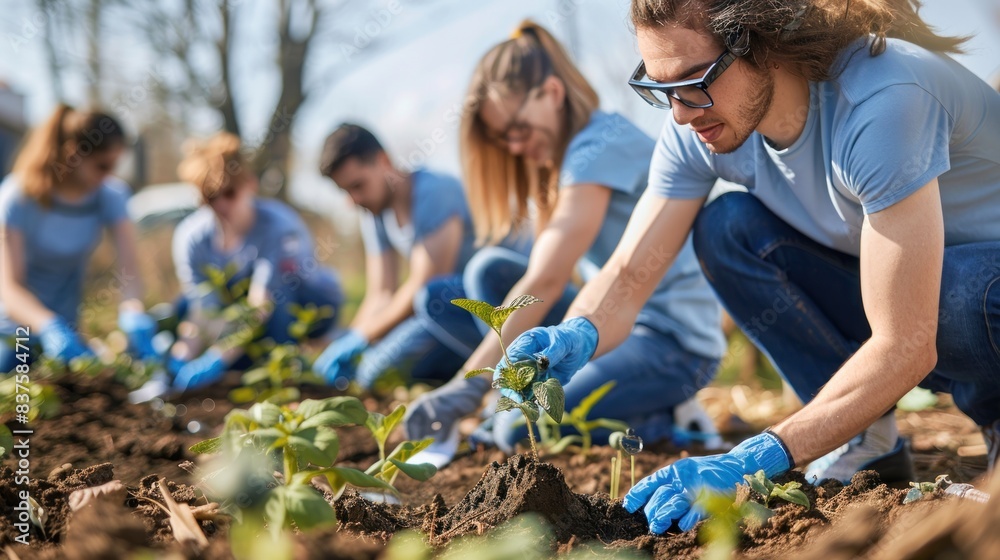 Naklejka premium Group of Employees Volunteering in Community Cleanup Effort Concept Illustrating Social Responsibility Component of ESG Principles.