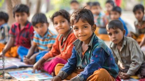 A group of Indian children sitting on the ground and looking at the camera.