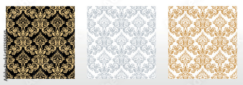 Wallpapers in the style of Baroque. Seamless vector backgrounds. Set of colored floral ornaments. Graphic patterns for fabric, wallpaper, packaging. Ornate Damask flower ornaments