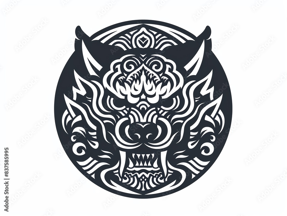Fototapeta premium Black and white illustration of a mythical beast head in a circle with intricate patterns.