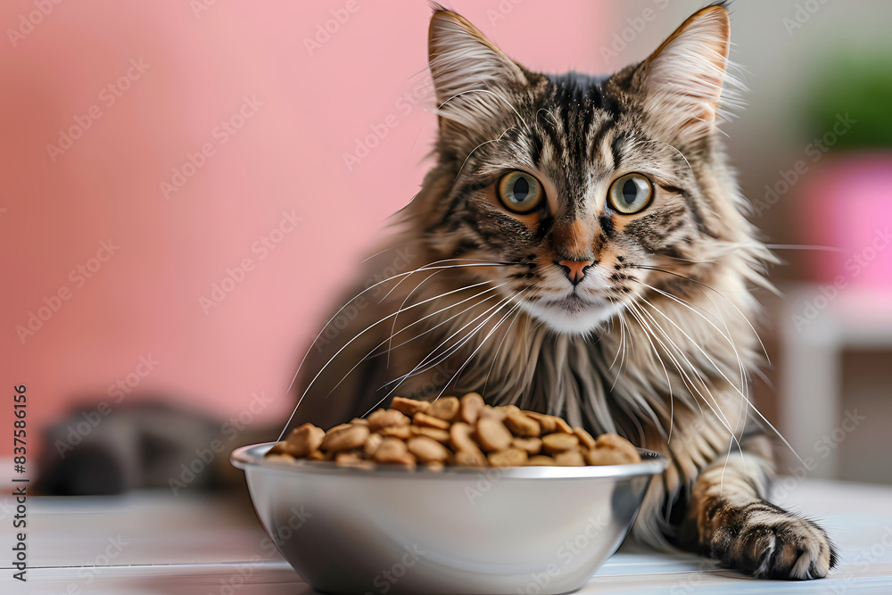 Fototapeta premium Professional photography of a happy well groomed cat with kibble bowl , portrait closed up shot, background, wallpaper