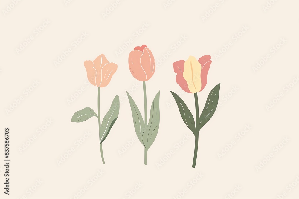 Three pink and yellow tulips with green leaves on a beige background.