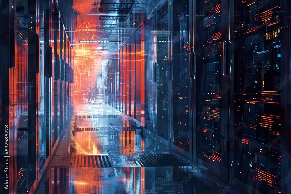 A network of servers processing big data in a highsecurity data center, advanced cooling systems, metallic and cool tones, digital painting A network of servers processing big data in a highsecurity data center, advanced cooling systems, metallic and cool tones, digital painting