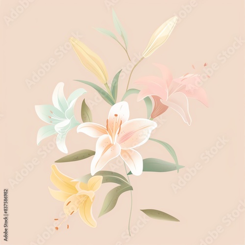 Delicate pastel lilies arranged in a bouquet on a soft pink background.