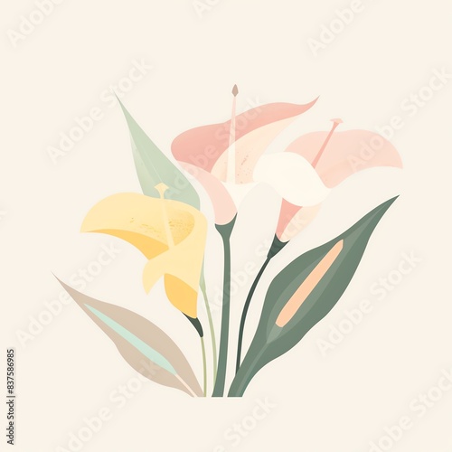 Minimalist illustration of three pastel-colored flowers with leaves.