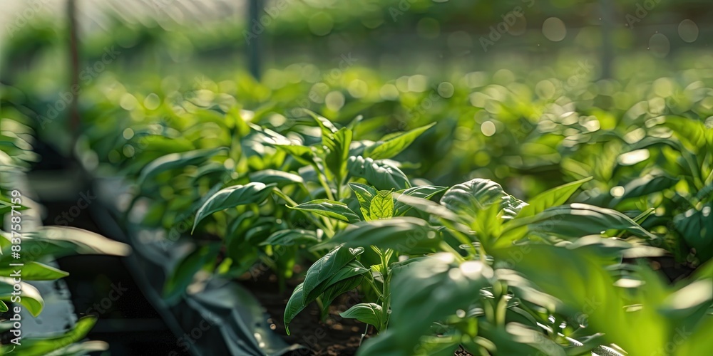 Agriculture and agribusiness concept with rows of crops planted in field ready for harvest Agriculture and agribusiness concept with rows of crops planted in field ready for harvest