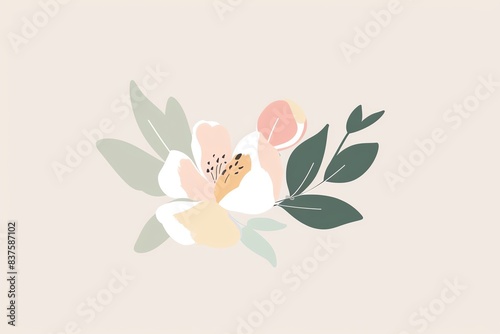 Simple minimalist floral illustration with pink and white flower and green leaves.