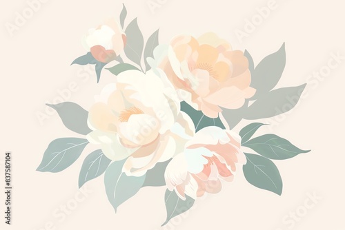 Simple minimalist floral illustration with pink and white flower and green leaves.