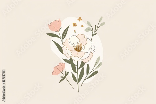 Minimalist floral illustration with white and pink flowers, green leaves, and abstract shapes on a beige background.