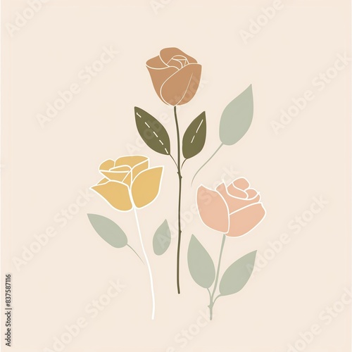 Minimalist floral illustration with three roses in muted tones.