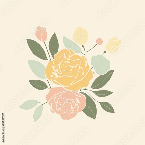 Minimalist floral illustration with pastel roses and leaves.