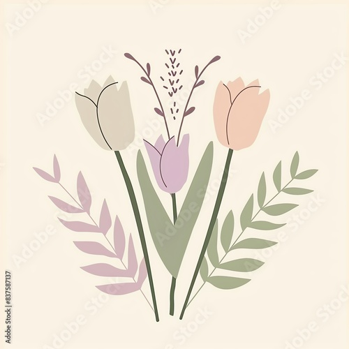 Simple illustration of three tulips and leaves in pastel colors.