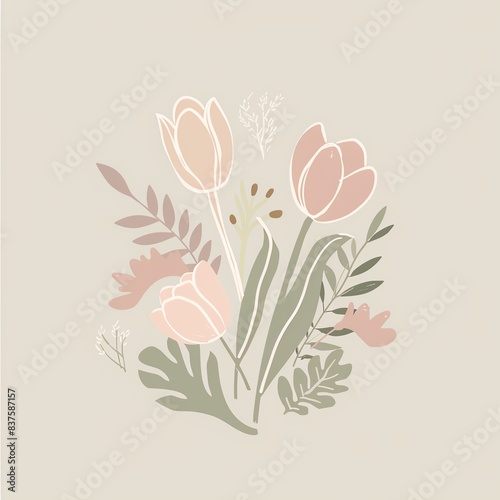 Minimalist floral bouquet with tulips and leaves in pink and green.