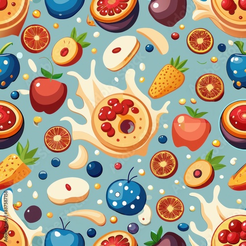 Seamless pattern of assorted cereals with milk splashes and fruit slices, Generative AI