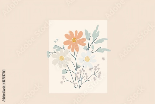 Simple floral illustration with white and peach flowers and green leaves.